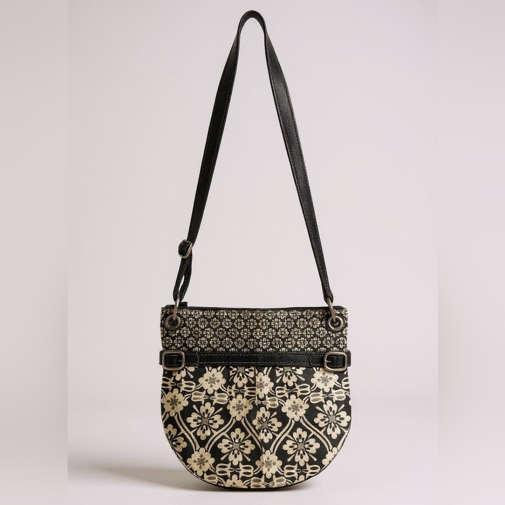 Fossil Black Beige Boho Graphic Canvas Leather Crossbody Bag Handbag Purse